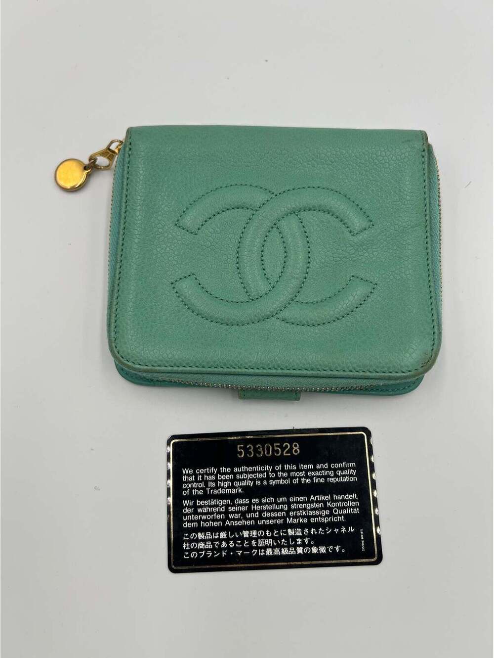 Chanel Vintage Mint Green Caviar Timeless CC Zip Around Compact Wallet w/ Card